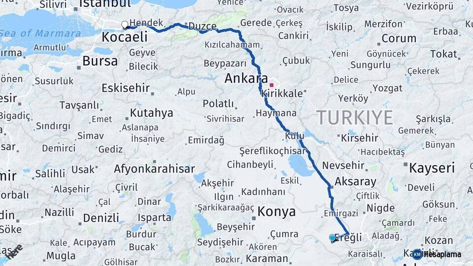 Konya Ereğli Kocaeli Arası Kaç Km - Yol Haritası