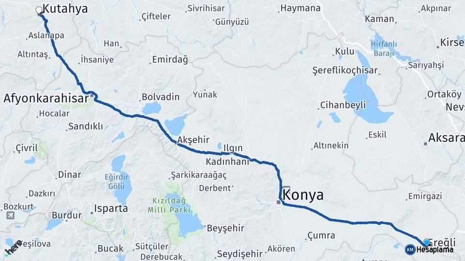 Konya Ereğli Kütahya Arası Kaç Km - Yol Haritası
