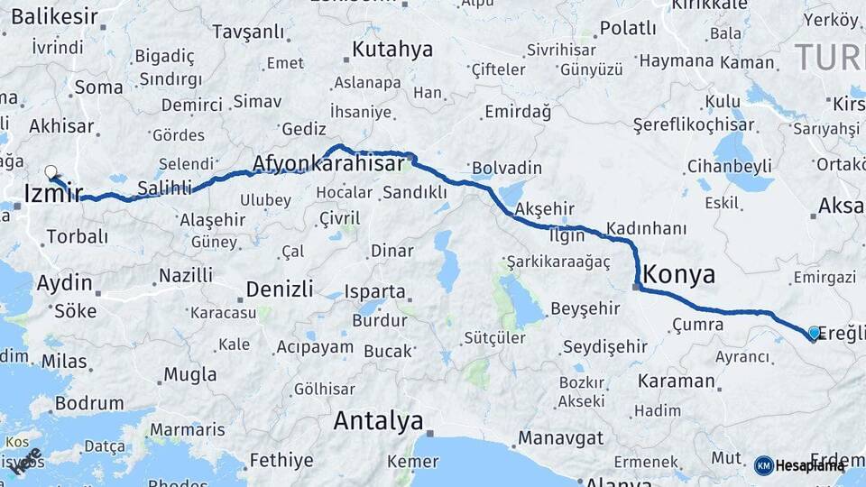 Konya Ereğli Manisa Arası Kaç Km - Yol Haritası