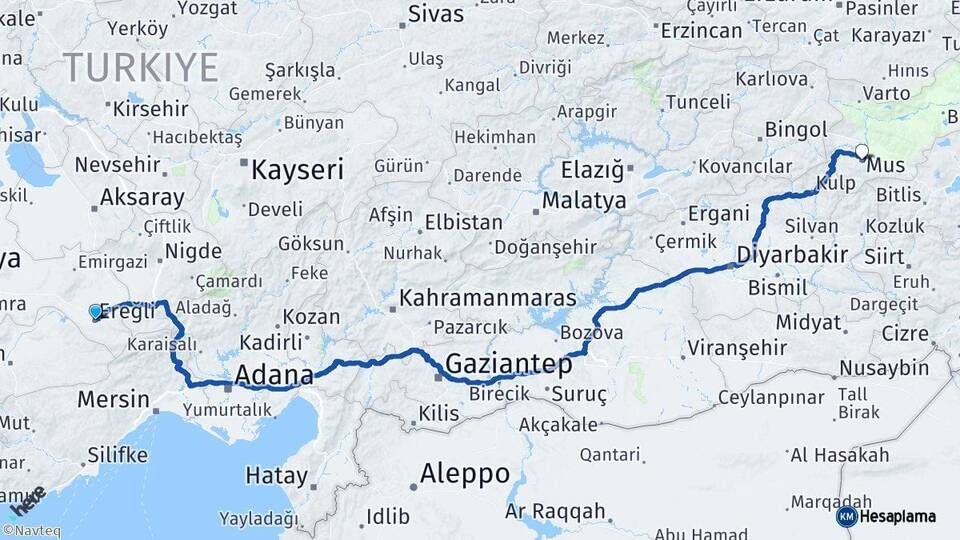 Konya Ereğli Muş Arası Kaç Km - Yol Haritası