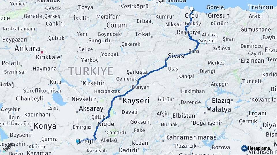 Konya Ereğli Ordu Arası Kaç Km - Yol Haritası