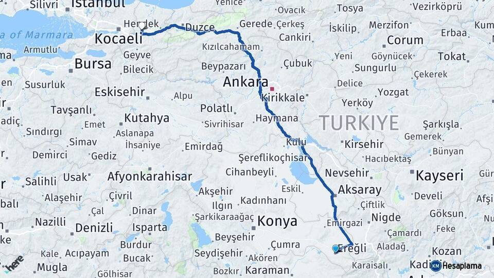 Konya Ereğli Sakarya Arası Kaç Km - Yol Haritası