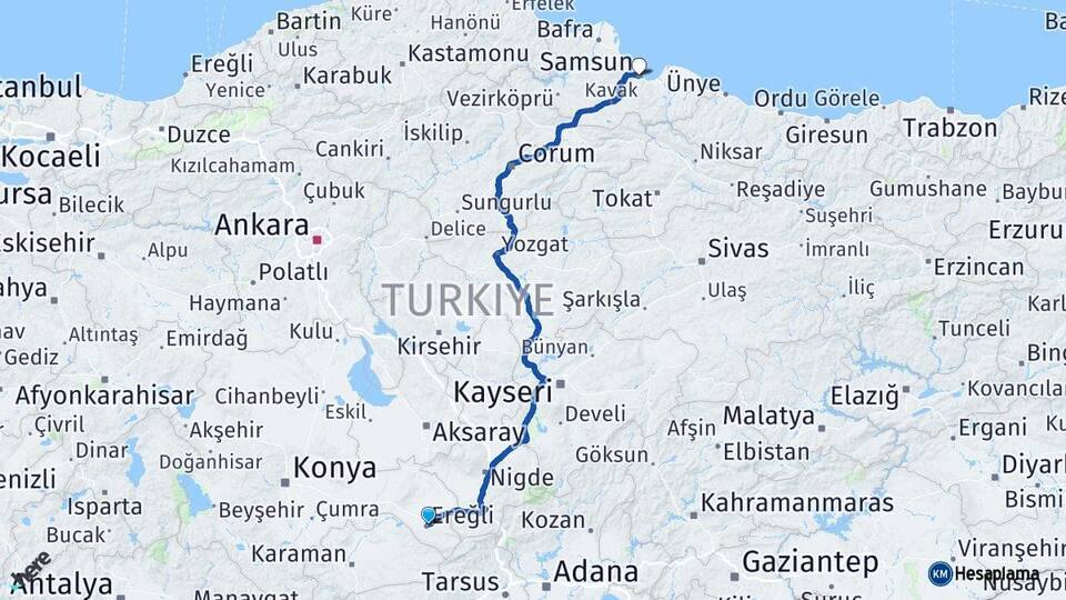 Konya Ereğli Samsun Arası Kaç Km - Yol Haritası