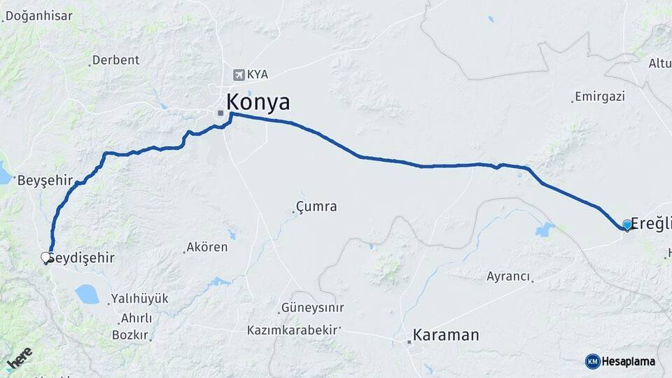 Konya Ereğli Seydişehir Arası Kaç Km - Yol Haritası