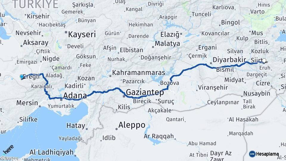Konya Ereğli Siirt Arası Kaç Km - Yol Haritası