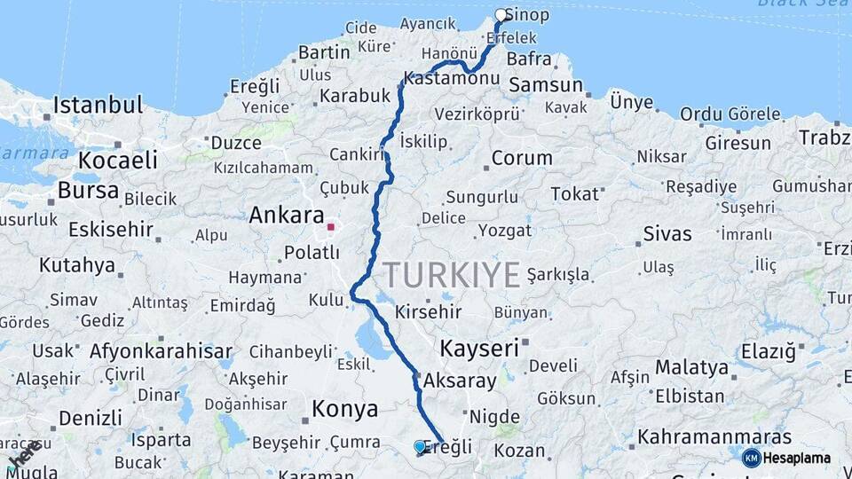 Konya Ereğli Sinop Arası Kaç Km - Yol Haritası