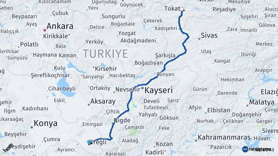 Konya Ereğli Tokat Arası Kaç Km - Yol Haritası