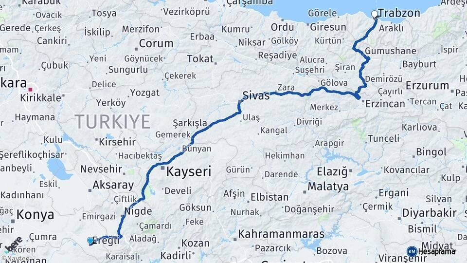 Konya Ereğli Trabzon Arası Kaç Km - Yol Haritası
