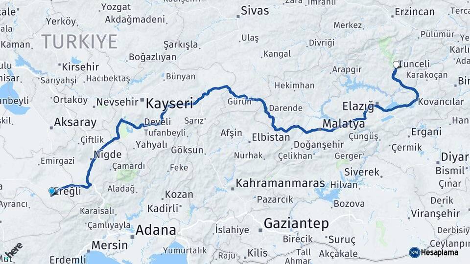 Konya Ereğli Tunceli Arası Kaç Km - Yol Haritası