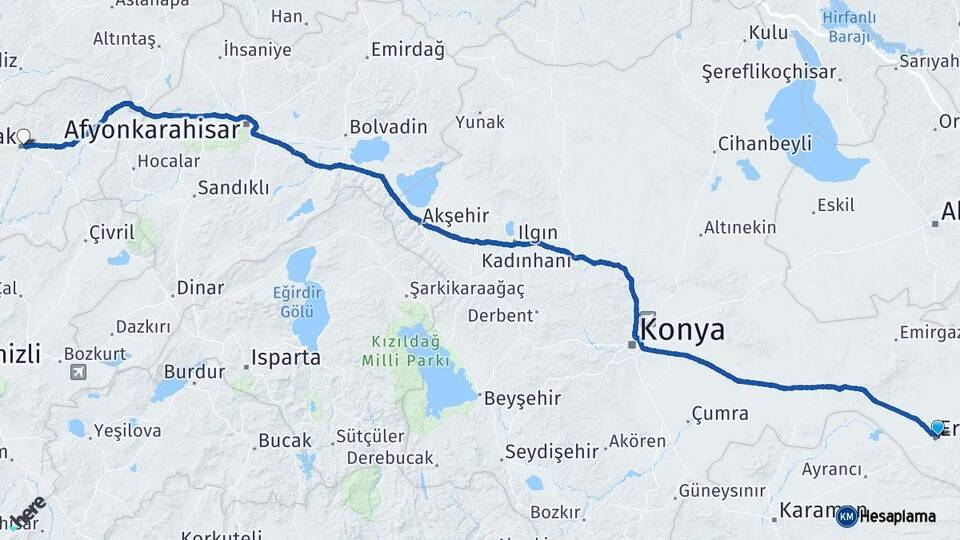 Konya Ereğli Uşak Arası Kaç Km - Yol Haritası