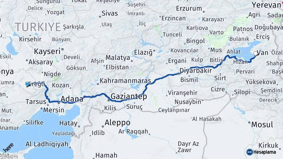 Konya Ereğli Van Arası Kaç Km - Yol Haritası