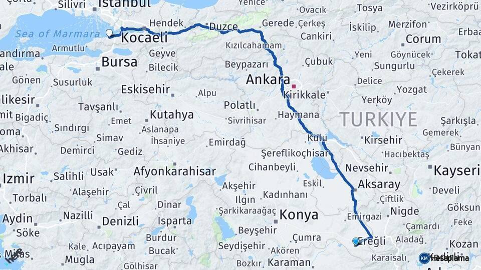 Konya Ereğli Yalova Arası Kaç Km - Yol Haritası