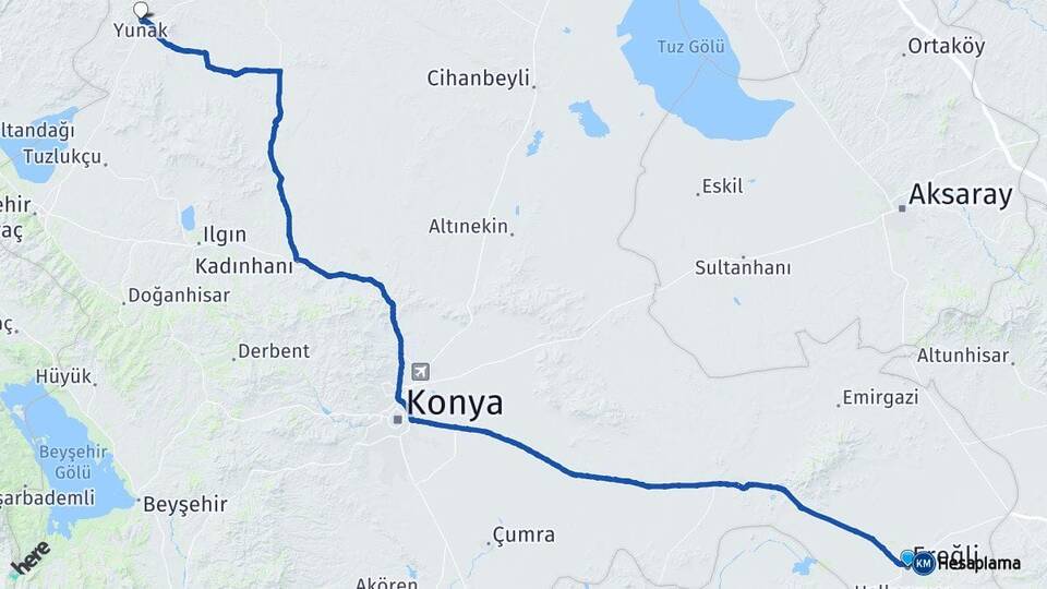 Konya Ereğli Yunak Arası Kaç Km - Yol Haritası