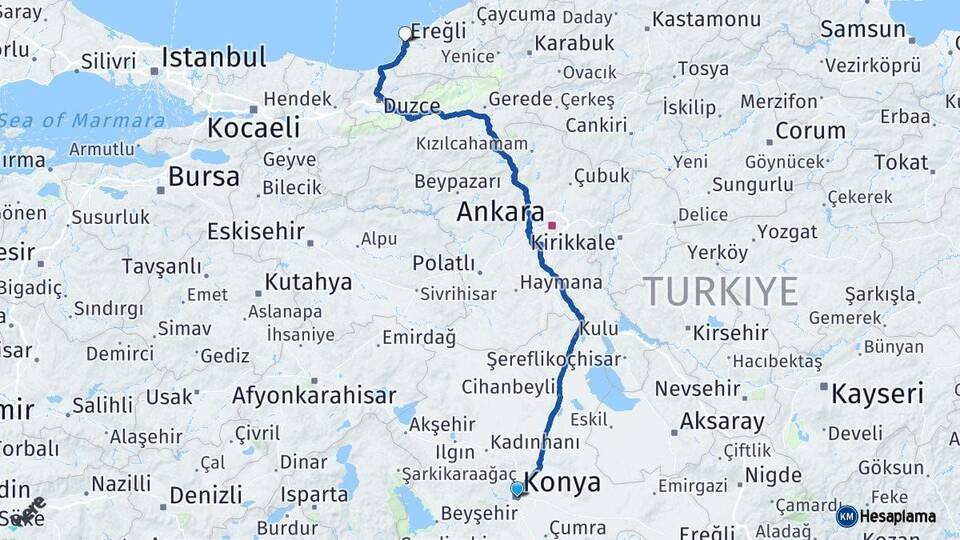 Konya Ereğli Zonguldak Arası Kaç Km - Yol Haritası