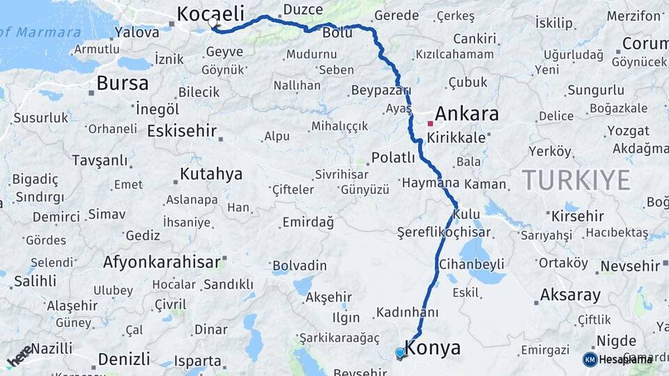 Konya Erenler Sakarya Arası Kaç Km - Yol Haritası