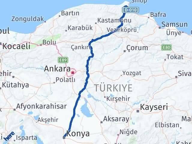 Konya Erfelek Sinop Arası Kaç Km - Yol Haritası