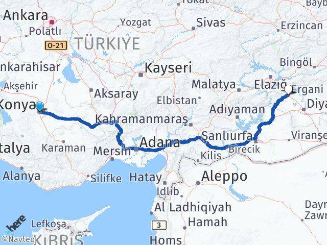 Konya Ergani Diyarbakır Arası Kaç Km - Yol Haritası
