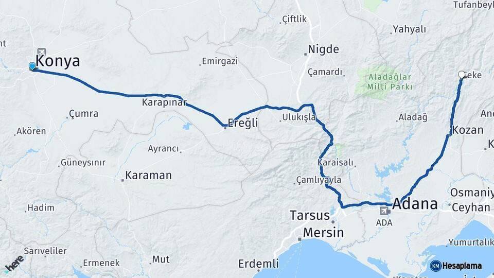 Konya Feke Adana Arası Kaç Km - Yol Haritası