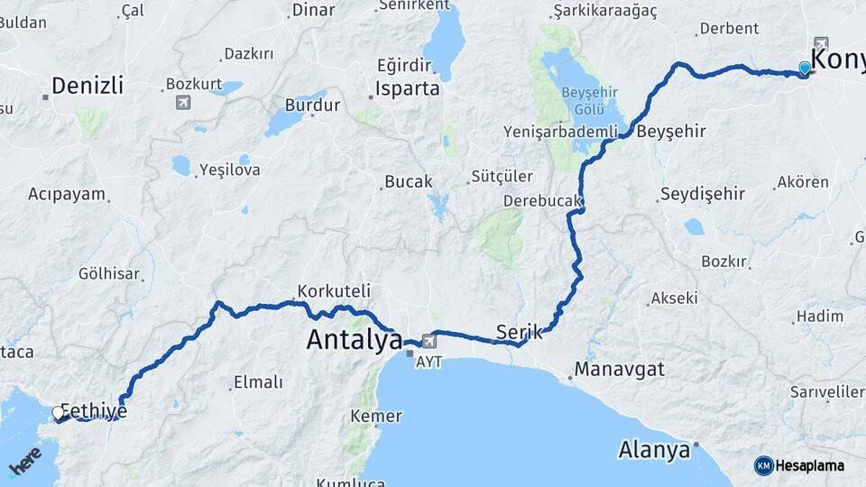 Konya Fethiye Muğla Arası Kaç Km - Yol Haritası