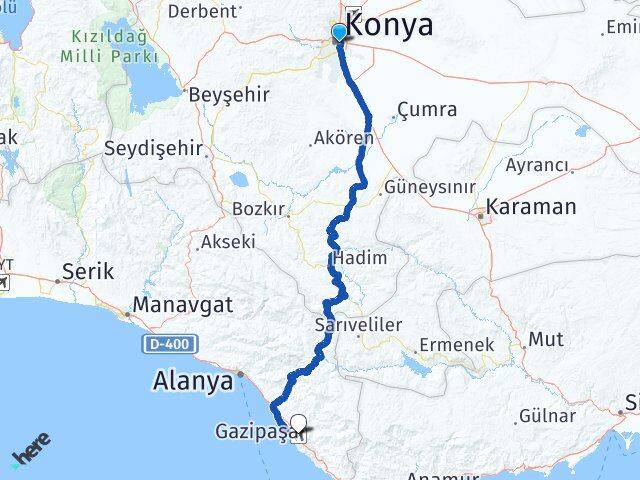 Konya Gazipaşa Alanya Havalimanı Arası Kaç Km - Yol Haritası
