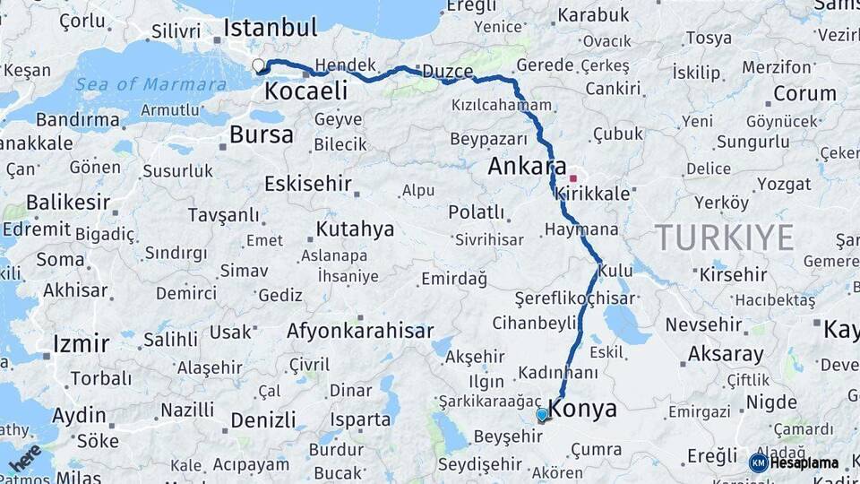 Konya Gebze Kocaeli Arası Kaç Km - Yol Haritası