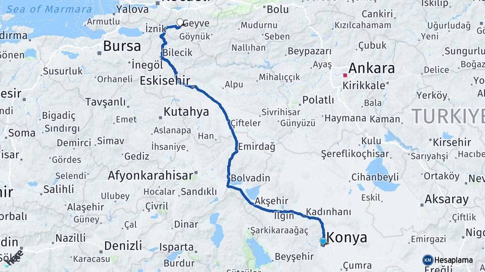 Konya Geyve Sakarya Arası Kaç Km - Yol Haritası