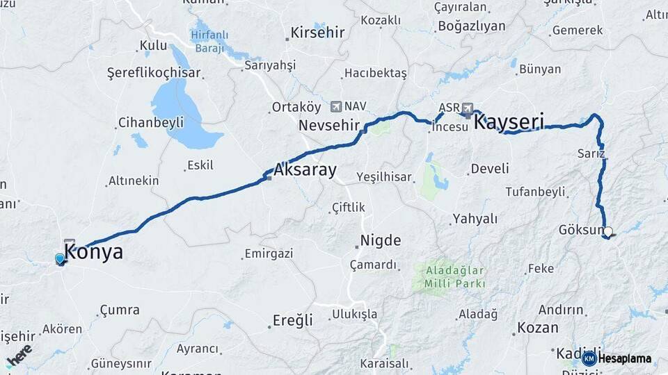 Konya Göksun Kahramanmaraş Arası Kaç Km - Yol Haritası