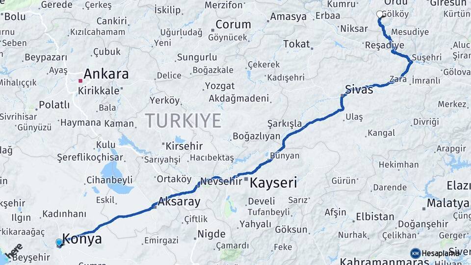 Konya Gölköy Ordu Arası Kaç Km - Yol Haritası