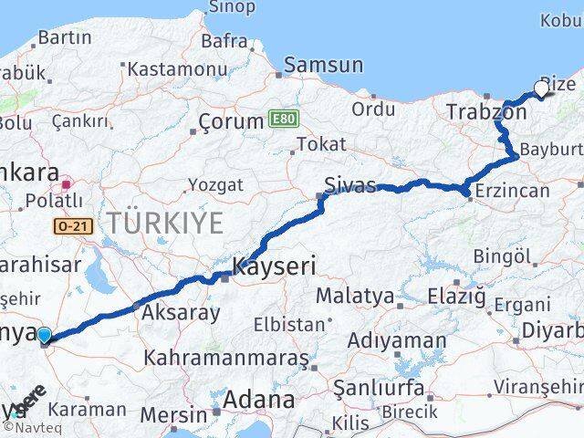 Konya Güneysu Rize Arası Kaç Km - Yol Haritası