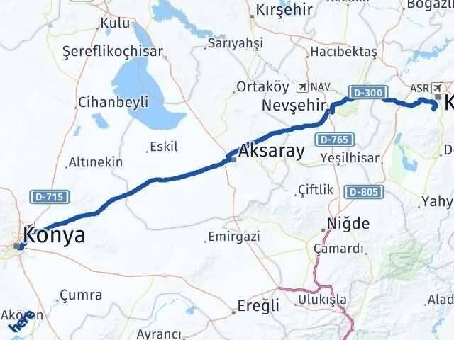 Konya Hacılar Kayseri Arası Kaç Km - Yol Haritası