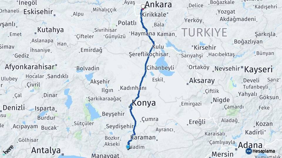 Konya Hadim Ankara Arası Kaç Km - Yol Haritası