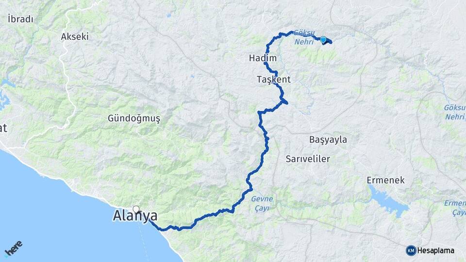 Konya Hadim Bademli Alanya Antalya Arası Kaç Km - Yol Haritası
