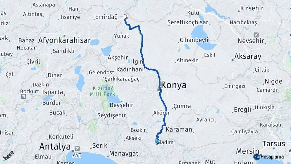 Konya Hadim Çeltik Arası Kaç Km - Yol Haritası