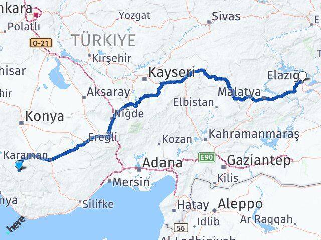 Konya Hadim Elazığ Arası Kaç Km - Yol Haritası