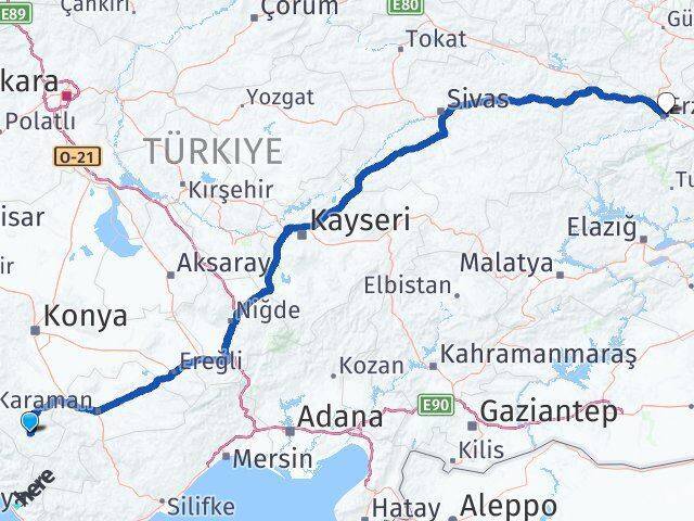 Hadim Erzincan Arası Kaç Km - Yol Tarifi