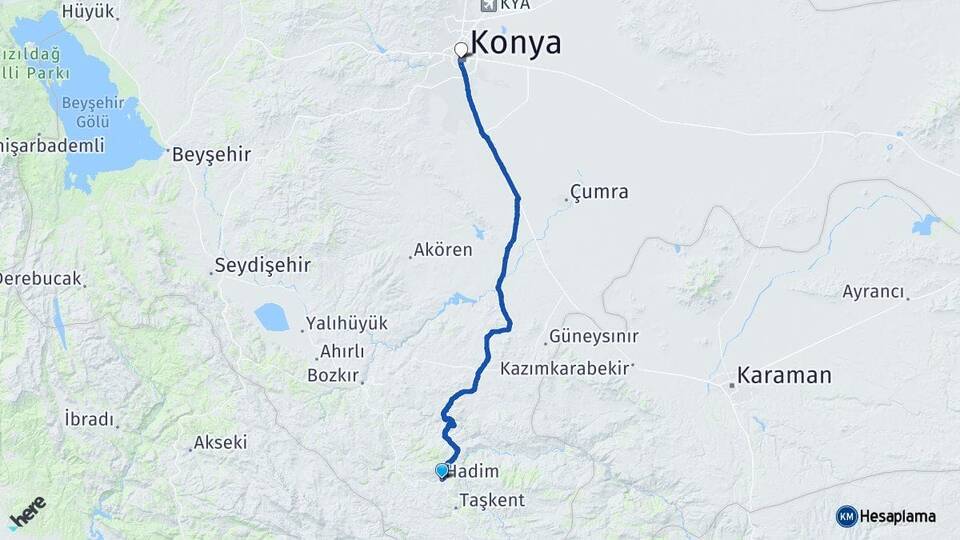Konya Hadim Karatay Arası Kaç Km - Yol Haritası