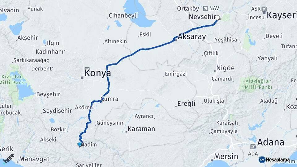 Konya Hadim Nevşehir Arası Kaç Km - Yol Haritası