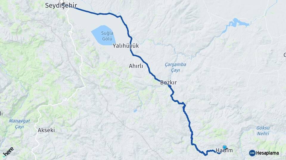 Konya Hadim Seydişehir Arası Kaç Km - Yol Haritası
