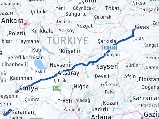Konya Hafik Sivas Arası Kaç Km - Yol Haritası