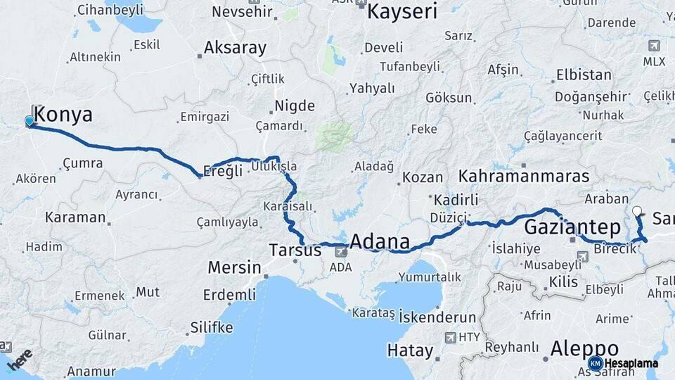 Konya Halfeti Şanlıurfa Arası Kaç Km - Yol Haritası