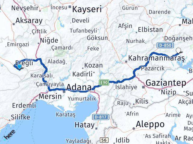 Konya Halkapınar Adıyaman Arası Kaç Km - Yol Haritası