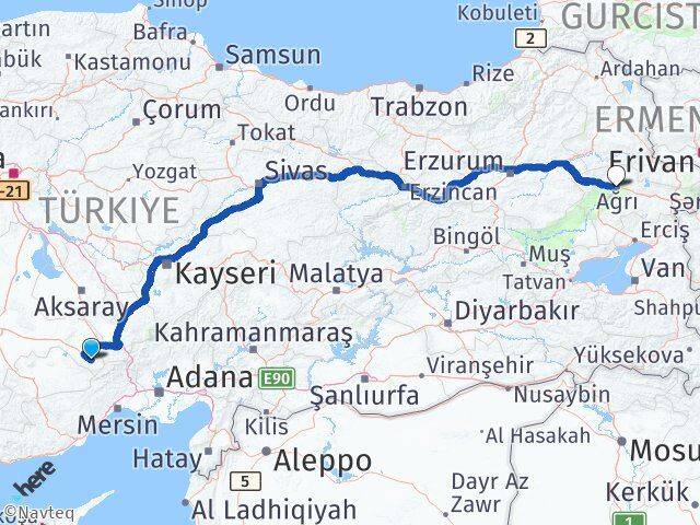 Konya Halkapınar Ağrı Arası Kaç Km - Yol Haritası