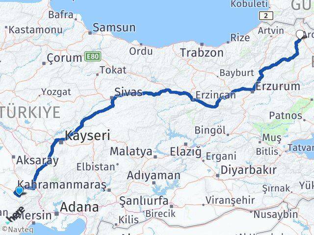 Konya Halkapınar Ardahan Arası Kaç Km - Yol Haritası
