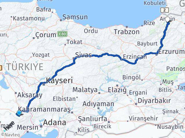Konya Halkapınar Artvin Arası Kaç Km - Yol Haritası