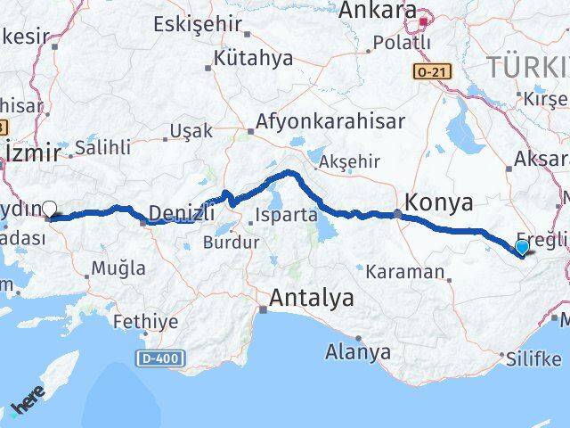 Konya Halkapınar Aydın Arası Kaç Km - Yol Haritası