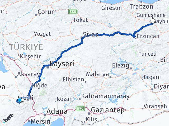 Konya Halkapınar Bayburt Arası Kaç Km - Yol Haritası