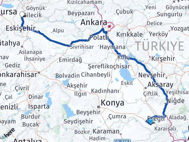 Konya Halkapınar Bilecik Arası Kaç Km - Yol Haritası