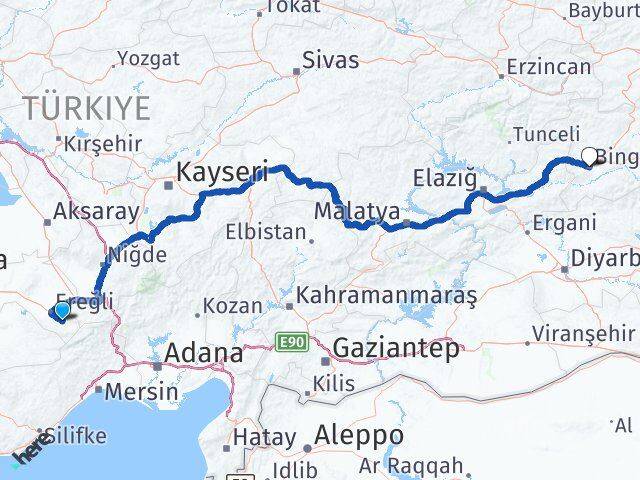 Konya Halkapınar Bingöl Arası Kaç Km - Yol Haritası