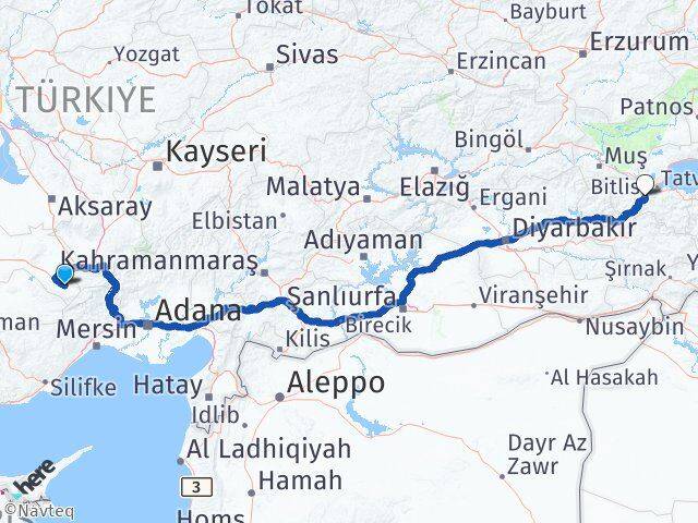 Konya Halkapınar Bitlis Arası Kaç Km - Yol Haritası