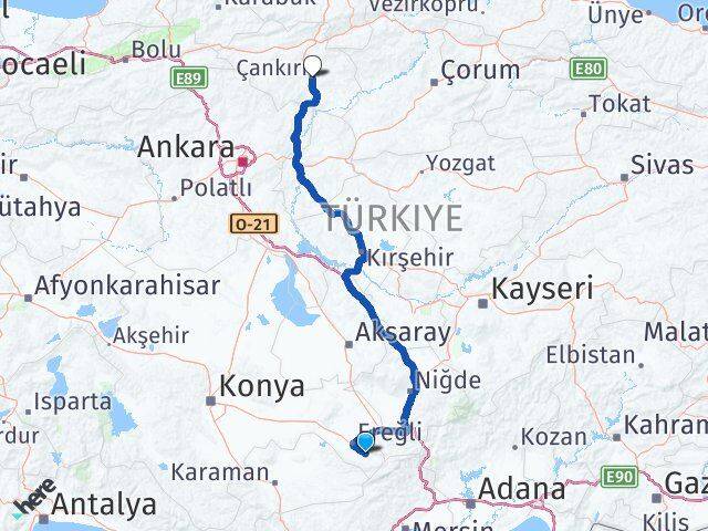 Konya Halkapınar Çankırı Arası Kaç Km - Yol Haritası